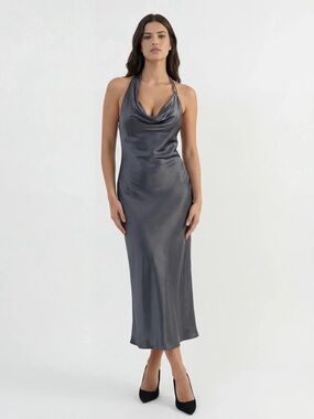 Zara NWT Gray Satin Cowl Drape Front Asymmetric Beaded Halter Midi Dress (Large)